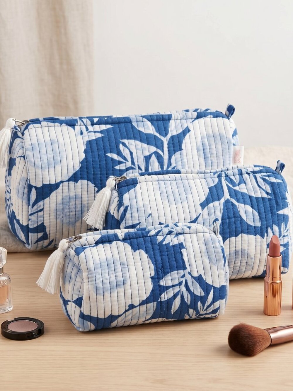 Set Of 3 Block Print Toiletry Bags, Cotton Makeup Bag, Cosmetic Bag Set Gift